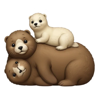 tiny white seal laying on a big brown bear’s belly sticker