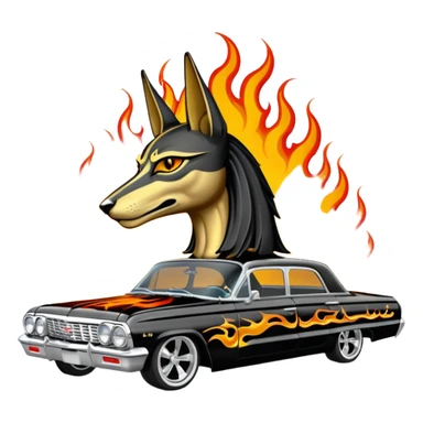 Satans Hot rod custom 1964 impala low rider four door Anubis theme painted hood flaming side-mounted chrome exhaust pipes driving straight to hell  sticker