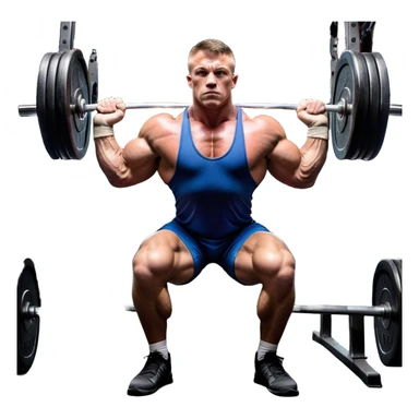 Powerlifter lifting a heavy barbell in a dramatic display of strength, muscles flexing under the pressure. The focus is on the lifter's intense effort and the heavy weights on each side. The background features a gym with weights and equipment, emphasizing the raw power of the sport.  sticker