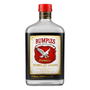 clear bottle of rumpleminze clear peppermint schnapps alcohol with a black label that has a red border and red font and the label also has a small gold eagle on the label that says “rumples” sticker