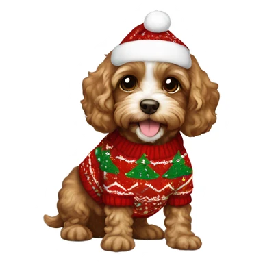 Brown Cavapoo puppy  wearing Christmas sweater sticker