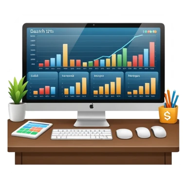 Create a modern desktop computer displaying financial charts and analytics dashboards on the screen. sticker