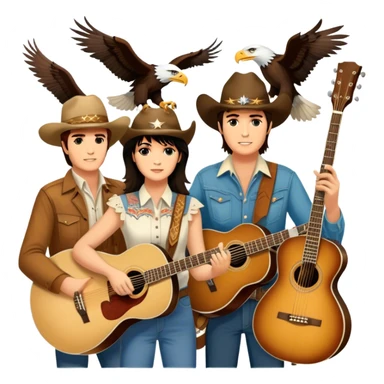 Icon for Country Music: A collage featuring Eagles as a band, Ricky Nelson, and Linda Ronstadt. Acoustic guitars, banjo, cowboy hats and a vintage Americana aesthetic evoke the spirit of classic country and country rock. Warm earthy tones. Transparent background. sticker