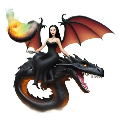empowered and glamorously  dressed teen Morticia Addams Malibu Beach Barbie Jedi flying/riding on the back of a very large black shiny evil-looking fire-spewing horned dragon. proper scale sticker