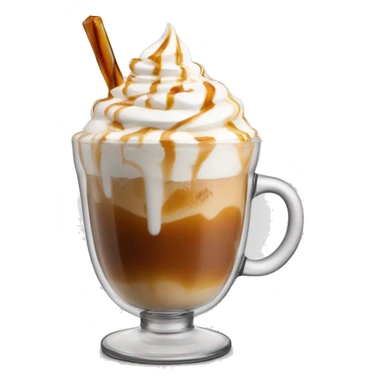 Ice cappuccino in clear cup with whip cream and caramel sticker