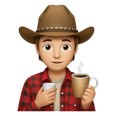 generate an ios genmoji of a 20 year old tan boy with a cowboy hat and side burns. Wearing a flannel and carrying a coffee mug sticker