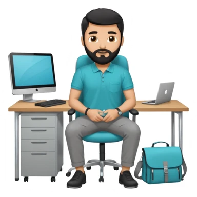 man with blackshot male hair and black hair and beard and hes in a office with his grey backpack on the floor and he has a tourquos polo shirt with backpack on floor on desk computer and grey pants sticker
