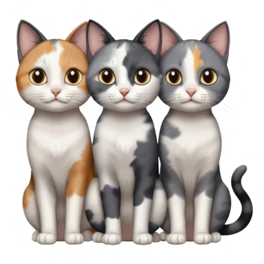 3 different coloured small cats including a dark grey and white, and a patchy calico and a completely solid dark grey with only white paws sticker
