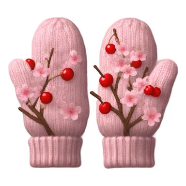 A pair of cozy knitted mittens with a cherry blossom design sticker
