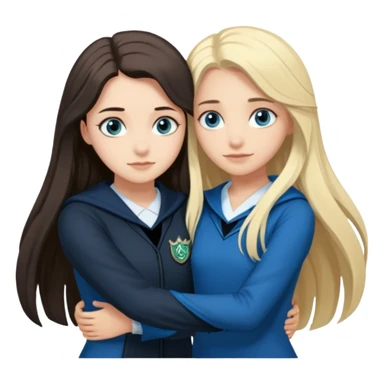 a pretty ravenclaw girl with long dark brown hair and blue eyes standing with a hot Slytherin girl with long blonde hair, blue eyes sticker