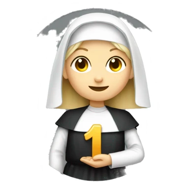 A blonde nun holding a coin with the number 1r on it sticker