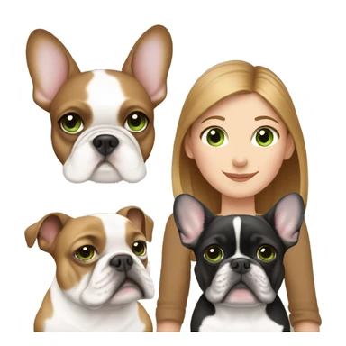 Mom with light brown hair and green eyes, daughter with light brown hair and blue eyes, white French bulldog with black  sticker