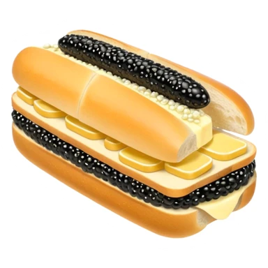 Apple style 3D emoji of a luxurious black caviar sandwich. A thick slice of fresh white baguette with a generous layer of creamy yellow butter, topped with a mountain of glistening, shiny black sturgeon caviar. premium aesthetic. sticker