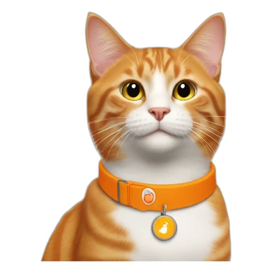 ginger cat with orange colored neckband with an airtag attached to the neckband sticker