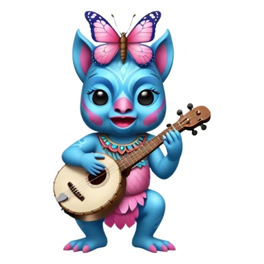 Pixar style little Blue and pink tiki singing with a butterfly and playing a banjo, ultra detailed and lifelike imagery, realistic sticker