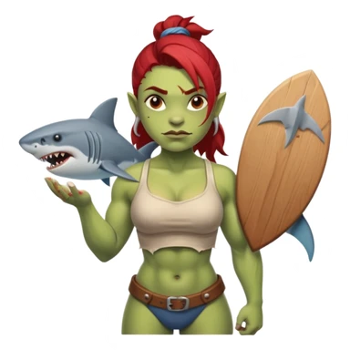 orc female holds a board with a shark painted vertically in his hands sticker