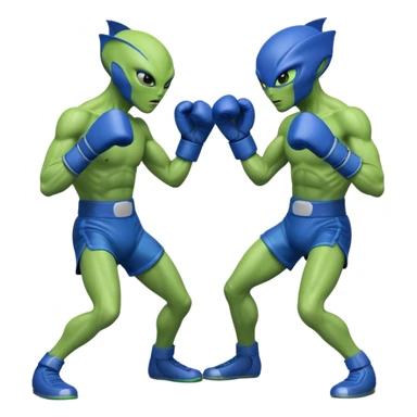two aliens boxing in a fight stance, facing each other with raised gloves, dynamic action pose, intense expressions, sci-fi arena vibe, 3D cartoon style, mobile game icon style, clean background, no text, no watermark
 sticker