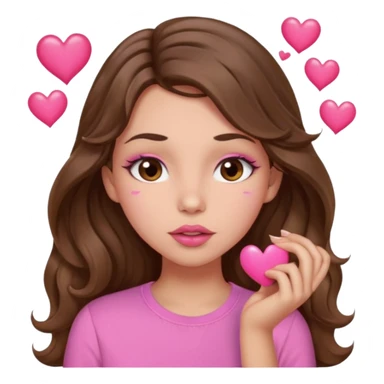 girl with long wavy brown hair, brown eyes, light to medium complexion, in a pink shirt, pink lips, long lashes, puckering lips kissing, blushing with hearts sticker