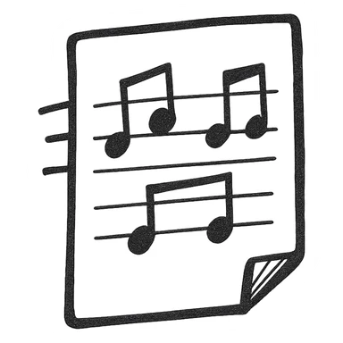 Sheet music icon, hand drawn, black outlines, no fill, simple and clean, top view sticker