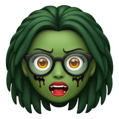 crie um emoji de zumbi feminino, com pele verde, óculos preto e cabelos pretos longos sticker