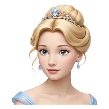 Cinematic Realistic Cinderella Portrait, depicted with lifelike skin texture, subtle rosy undertones, and soft natural lighting that enhances the gentle contours of her face. Her intricately detailed golden blonde hair is elegantly styled in an updo, with delicate wisps framing her face for added realism. Her deep, expressive blue eyes radiate warmth and sincerity, reflecting a quiet resilience and grace. She is dressed in her iconic ball gown, the fabric shimmering with intricate embroidery and fine translucent layers that catch the light beautifully. The soft sheen of satin gloves and the delicate sparkle of a glass-like slipper peeking from beneath her dress add a touch of magical realism. The portrait features an enchanting glow with a natural, luminous finish, seamlessly blending realism and fairytale charm to evoke a sense of depth, elegance, and timeless beauty. sticker