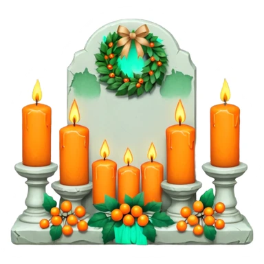 Gravestone with candles and a green wreath with orange small berries sticker