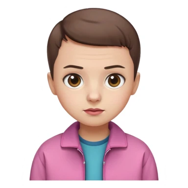 Create a cute emoji-style illustration of Eleven from Stranger Things: round face, big expressive eyes, short brown buzz-cut hair, pink jacket, simple nose and mouth, soft shading, bright colors, clean outline, minimal details, friendly expression, flat emoji style, white or transparent background. sticker