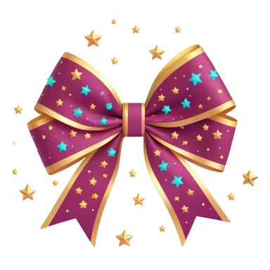 sparkly burgundy bow with gold outline and stars, holographic shimmer effect sticker