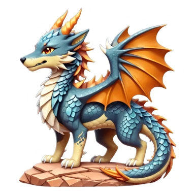Majestic wolf-like dragon with red sandstone scales and layered plates resembling canyon rock formations. Crystallized mineral mane with copper and gold hues runs down its neck and back. Obsidian claws, amber eyes, and a tail of stone spires. Pokémon style. sticker