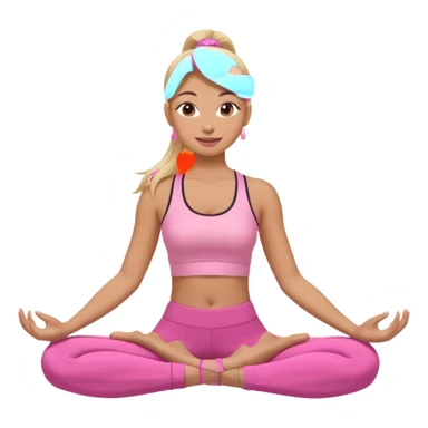 Mujer color de piel moreno claro con cabello rubio suelto y lacio y largo, que tenga gloss en los labios y se vea usando Blush rosita, usando un top rosa deportivo y leggins deportivo rosa en una pose de yoga sentada, viendo hacia enfrente con ojos negros y sonriendo sin mostrar los dientes sticker