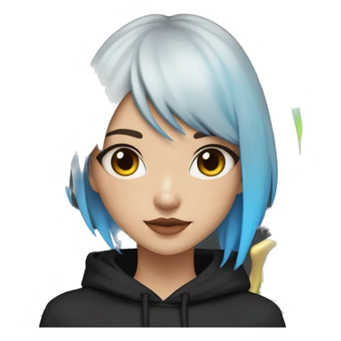 Lady with brunette and iridescent blue hair, gold, lime green dragon wings, black hoodie, bleach dyed, black and gold Nike t shirt, and bright red eyes sticker
