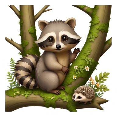 Collage of an exotic raccoon and a hedgehog, both curiously exploring a forest setting with moss and small flowers. The raccoon is perched on a tree branch, and the hedgehog is nestled in the underbrush. Vibrant nature backdrop. Transparent background. sticker