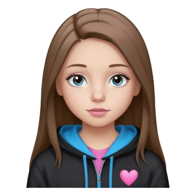 Create a TEENAGE girl with LONG and straight light brunette hair with a middle part, light skin, light freckles, and blue-gray eyes. She will have pink lips and LONG eyelashes. She will be wearing a black hoodie sticker