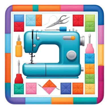 Patchwork and quilting icon, colorful fabric patches sewn together in a quilt pattern, sewing needle and thread, quilting tools like rotary cutter and quilting hoop, minimalistic style, clean lines, transparent background. sticker