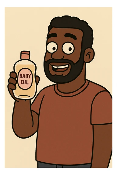 A Black man holding a bottle of baby oil, cartoon style, friendly expression, simple background sticker