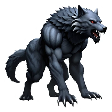 cinematic-noble-fierce-werewolf-full body on all fours-emoji, poised-and-imposing, with a tall, lean, and muscular wolfish frame inspired by the brutal, imposing shape of the beast from Berserk, fur rippling in shades of midnight black and silver, massive paws with razor-sharp claws, elongated limbs and fangs, eyes glowing with an intense, primal ferocity, reflecting the untamed power of the wild moonlit night; rendered with realism like a wolf hunched over battle ready pose ready to attack sticker