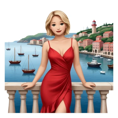 jennifer lawrence, closeup portrait , leaning on a balcony with a harbor and cityscape in the background, smiling, red dress  sticker