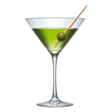 martini glass with absolutely clear water-like liquid, no color tint whatsoever, completely transparent, with a single green olive at the bottom on a wooden toothpick sticker