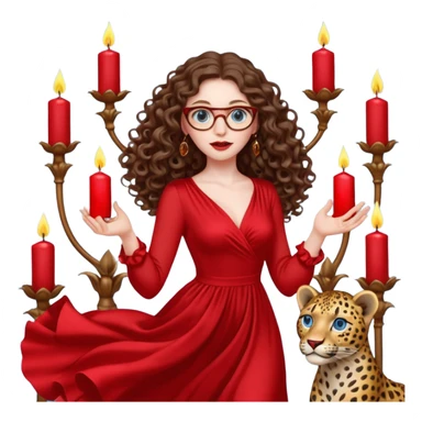 a blue eyed woman with very long brunette curly hair, full lips,and really pale skin. She is wearing a leopard printed thin round-ish glasses . She is wearing fully plain silky red dress. She is flying on the air. There are candles and sculptures and red roses all around her. She is making a magic. sticker