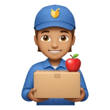 3D Apple-style emoji of a delivery worker holding a cardboard package. Wearing a cap and uniform shirt, smiling expression. Rounded, glossy, smooth, soft shadows, white background.




 sticker