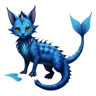 Epic complex abyssal fantasy swampy glorious detailed dark dusky gloomy deep gothic gloomy cobalt-blue-abyss-blue-black-greyish, realistic Fakémon-Sprigatito-Floragato-Meowscarada-Vaporeon-Salandit-Trico-Sergal-Serval-Vernid-creature (full body) with mermaid-ears, tail fin, shiny sparkly, iridescent sticker