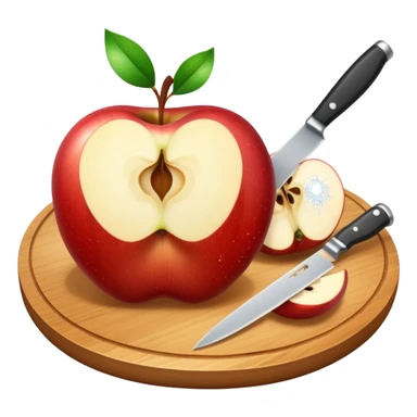A round wooden board with a whole apple and several slices on it and knife, with sparkles sticker