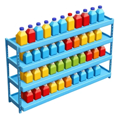 3D warehouse shelf with drinks bottles and products, 
organized retail shelves, colorful product packages, store inventory, 
transparent background, emoji style, realistic, isometric view sticker