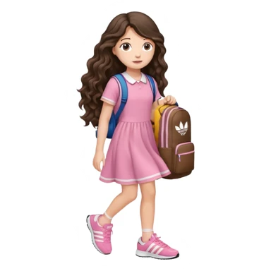 aestethic brunette very,very,very long wavy hair walking with a school backpack, with a cute pink dress, adidas shoes sticker