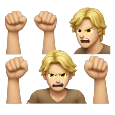 light haired angry young man in dark t-shirt with both fists clenched over his head sticker
