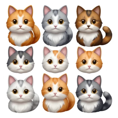 6 realistic looking cats with different natural coloured coats, assorted grey and white, greys, calico, brown and white colours etc
 sticker