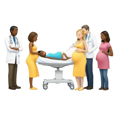 a pregnant woman gives birth and doctors stand nearby sticker