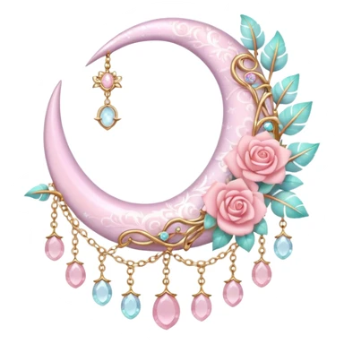 Rosy shiny glossy sparkly romantic pastel crescent damask moon with rose quartz pastel vines pastel gems pastel beads with feathers and chains  sticker
