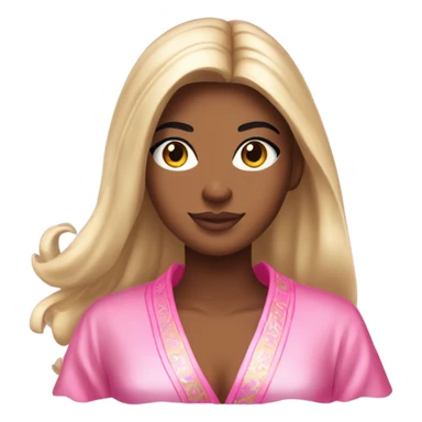 Tanned woman with long black hair wearing a silk pink Victoria’s Secret robe sticker