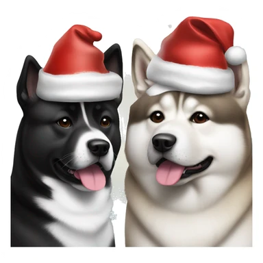 Two American Akita dogs one black and white and the other one fully black wearing Christmas hats sticker